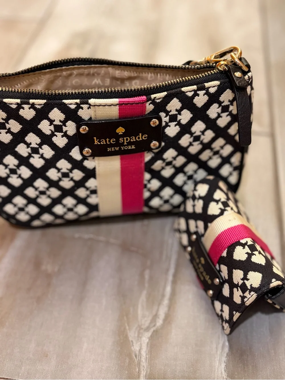 kate spade Black & Cream Patterned Wristlet with Pink Stripe